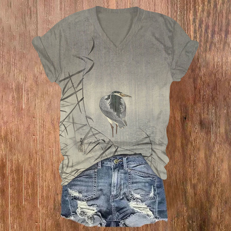 Lonely Bird In A Raining Day Print Short Sleeved V-neck T-shirt - Grey - US32-34(5XL) - image 1