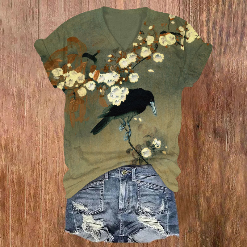 Japanese Ohara Koson Raven & Sakura Print Short Sleeved V-neck T-shirt - Green - US32-34(5XL) - image 1