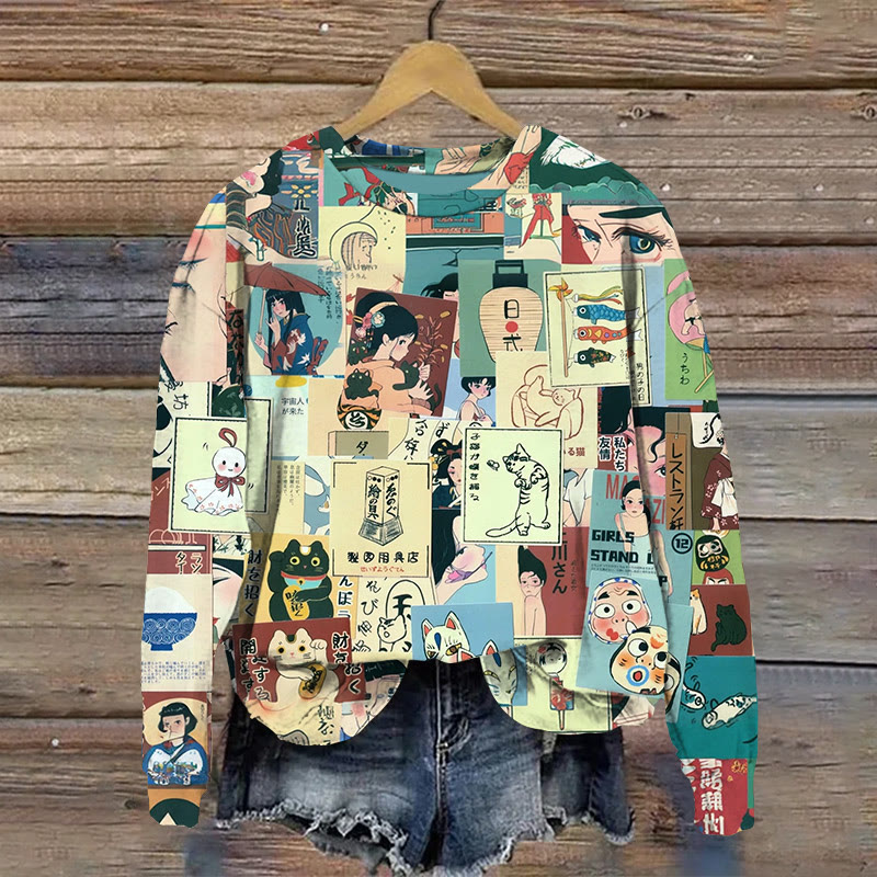 Retro Japanese Clipart Art Patterns Print Casual Sweatshirt - Apricot - 5XL - image 1