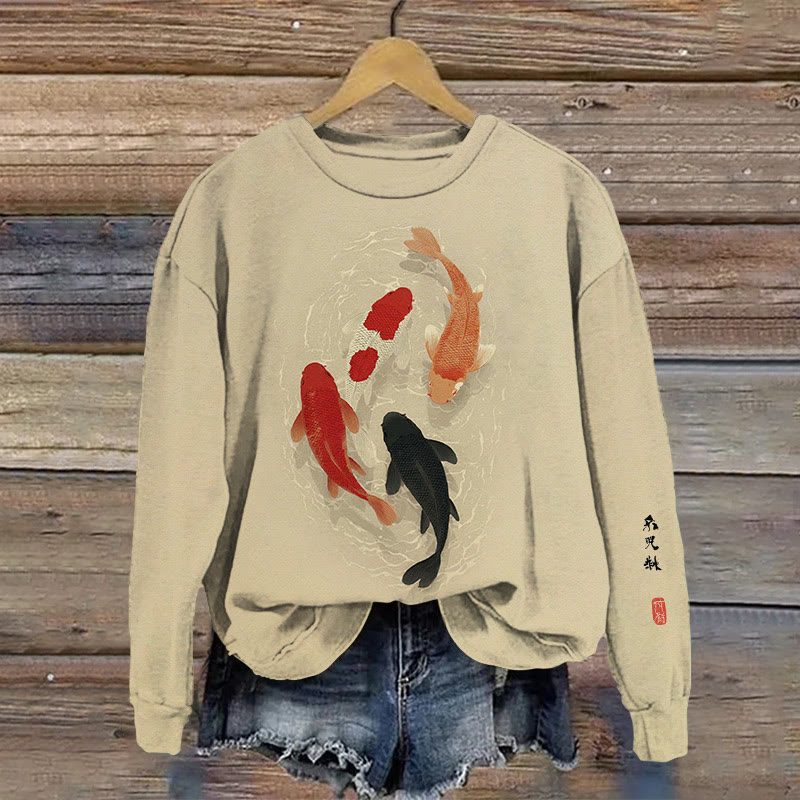 Japanese Traditional Koi Fish Art Patterns Print Casual Sweatshirt - Apricot - 5XL - image 1