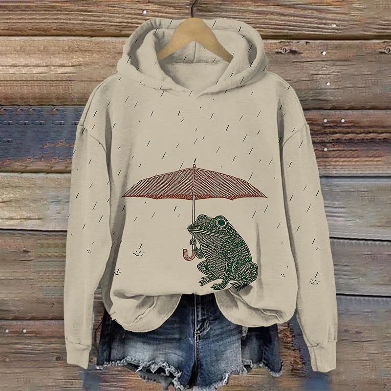 Unisex Jjapanese Frog Holding Umbrella Ukiyo-e Art Pattern Print Long Sleeved Hoodie - Apricot - US44-46(8XL) - image 1