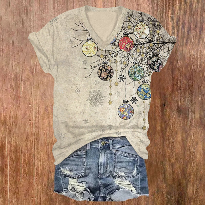 Japanese Temari Ball Ukiyo-e Art Patterns Print Short Sleeved V-neck T-shirt - Apricot - US32-34(5XL) - image 1