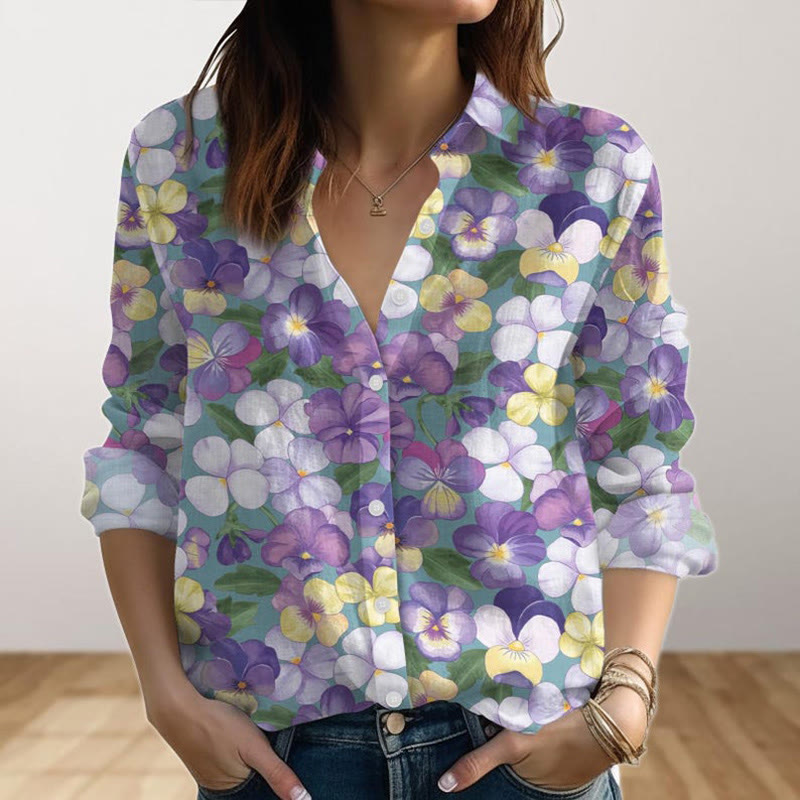 Gradient Wild Pansy Print Long Sleeve Shirt - Purple - 4XL - image 1