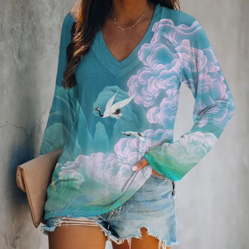 Japanese-style White Crane Art Print Long Sleeve T-shirt - Blue - 5XL - image 1