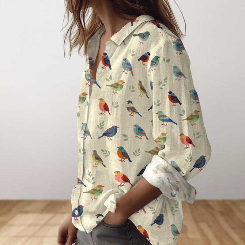 Vintage Colorful Birds Art Print Long Sleeve Shirt - image 2