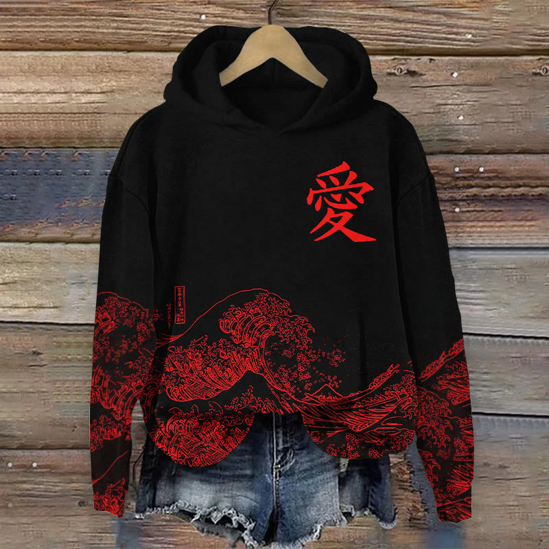Unisex Japanese Sea Wave Line Art Pattern Print Long Sleeved Hoodie - Black - US44-46(8XL) - image 1