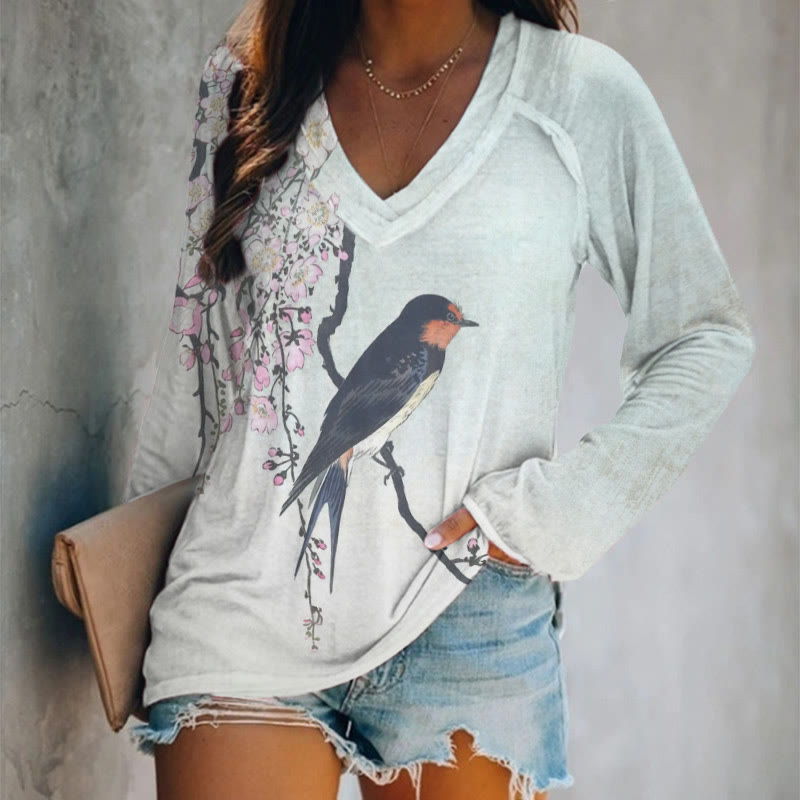 Floral And Black Bird Art Print Long Sleeve T-shirt - Light Green - 5XL - image 1
