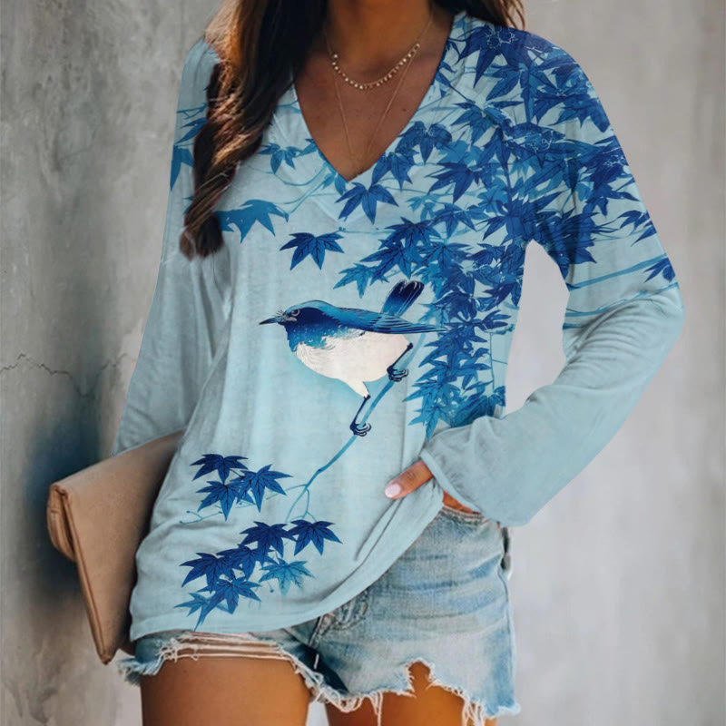 Japanese Art Floral And Bird Art Print Long Sleeve T-shirt - Blue - 5XL - image 1