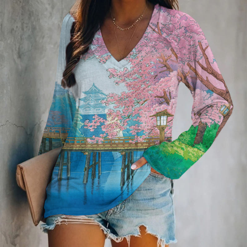 Japanese Cherry Blossoms Art Print Long Sleeve T-shirt - Blue - 5XL - image 1