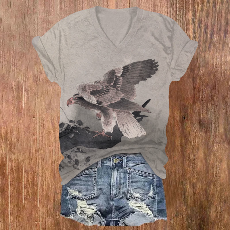 Japanese Art Eagle Print Short Sleeved V-neck T-shirt - Grey - US32-34(5XL) - image 1