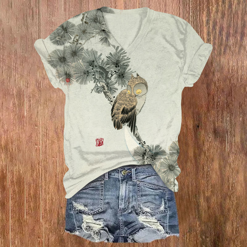 Japanese Art Owl Print Short Sleeved V-neck T-shirt - Apricot - US32-34(5XL) - image 1