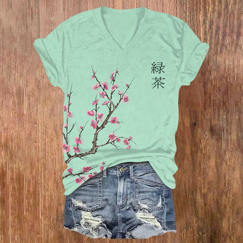 Japanese Sakura Cherry Blossoms Art Patterns Print Short Sleeved V-neck T-shirt - Light Green - US32-34(5XL) - image 1