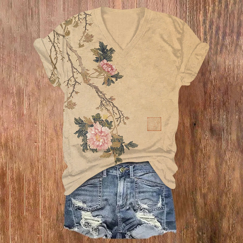 Oriental Classical Floral Paintings Art Print Short Sleeved V-neck T-shirt - Apricot - US32-34(5XL) - image 1