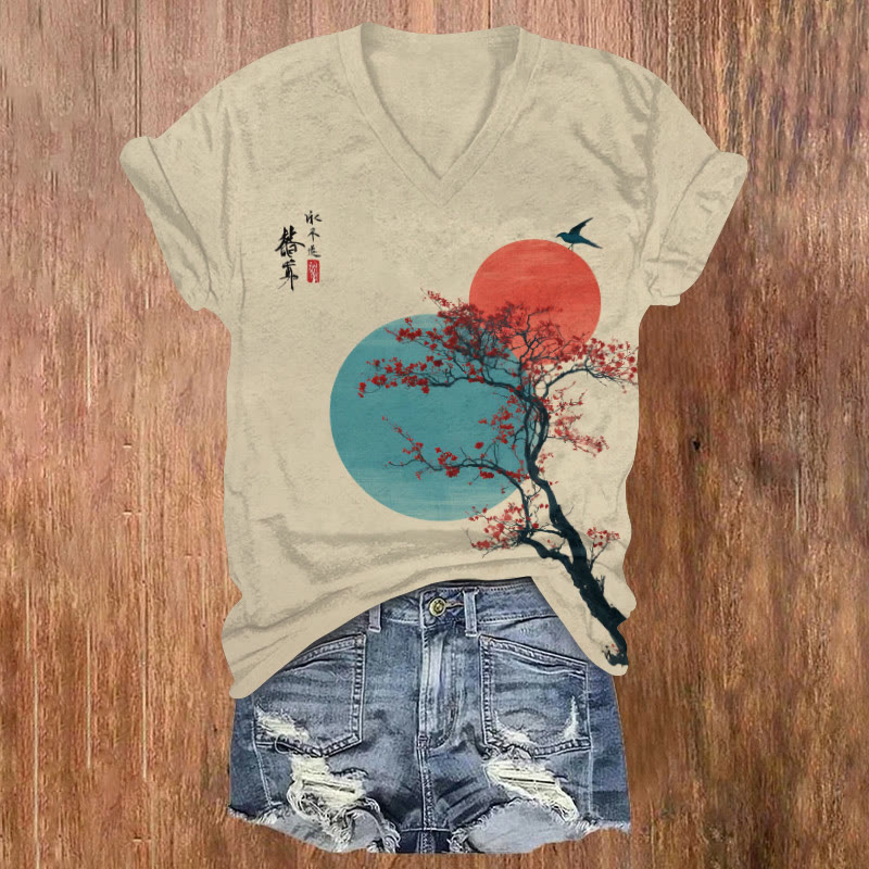 Japanese Zen-inspired Cherry Blossom Double-month Art Painting Print Short Sleeved V-neck T-shirt - Apricot - US32-34(5XL) - image 1