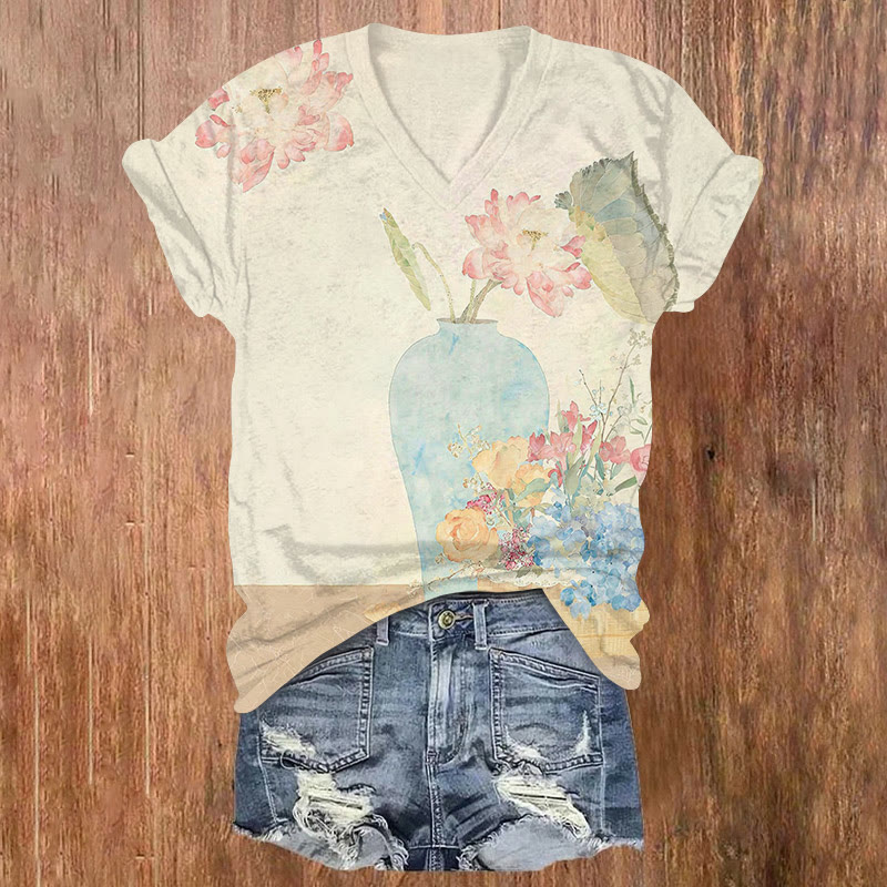 Japanese Zen-inspired Ukiyo-e Artworks Art Painting Print Short Sleeved V-neck T-shirt - Beige - US32-34(5XL) - image 2