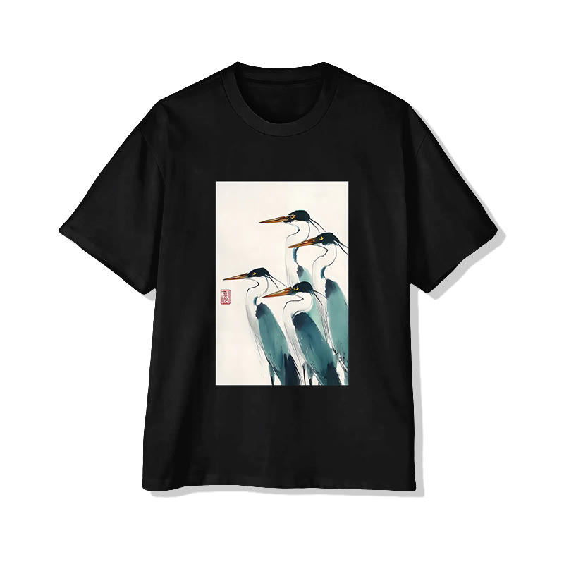 Unisex Japanese Crane Print Short Sleeved Crew Neck T-shirt - Black - 2XL - image 2