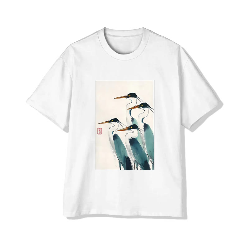 Unisex Japanese Crane Print Short Sleeved Crew Neck T-shirt - White - 2XL - image 1