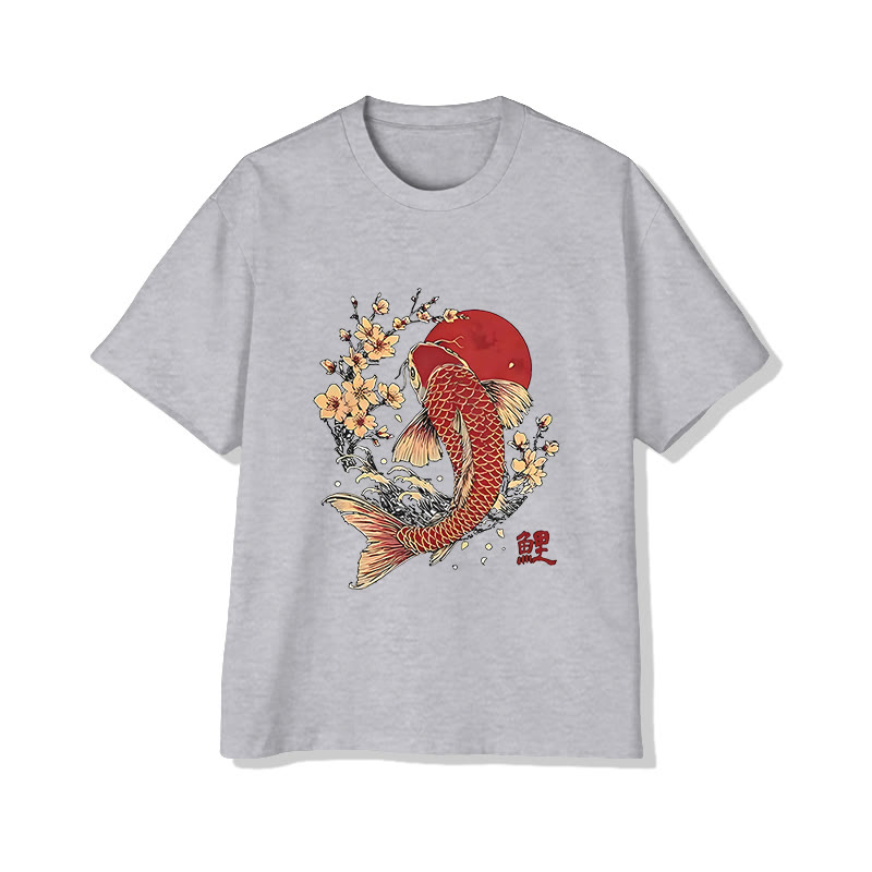 Unisex Japanese Koi Print Short Sleeved Crew Neck T-shirt - Grey - 2XL - image 1