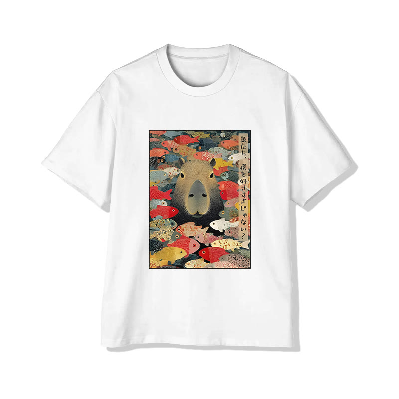 Unisex Funny Capybara Print Short Sleeved Crew Neck T-shirt - White - 2XL - image 2