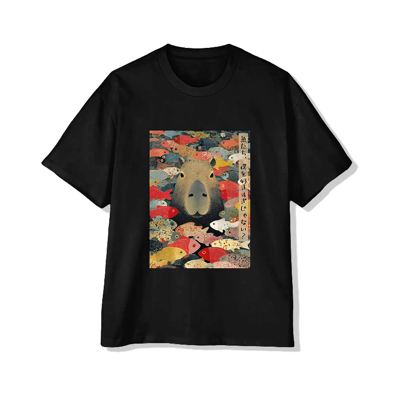 Unisex Funny Capybara Print Short Sleeved Crew Neck T-shirt - Black - 2XL - image 1