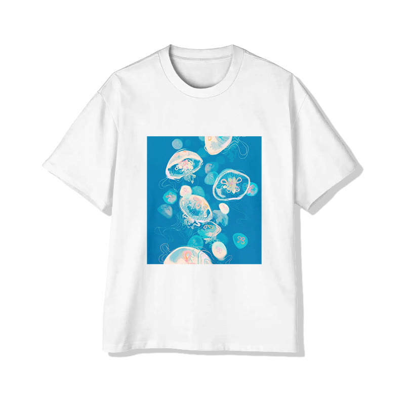 Unisex Jellyfish Print Short Sleeved Crew Neck T-shirt - White - 2XL - image 1
