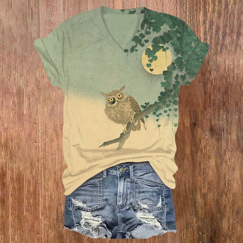 Funny Owl On The Branch Art Print Short Sleeved V-neck T-shirt - Green - US32-34(5XL) - image 1