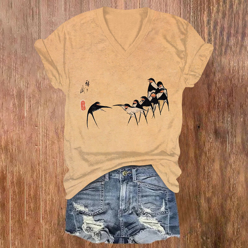 Vintage Swallow In Line Print Short Sleeved V-neck T-shirt - Orange - US32-34(5XL) - image 1