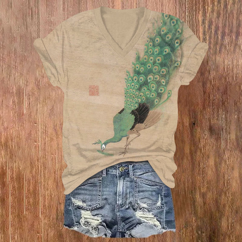 Japanese Vintage Peacock Print Short Sleeved V-neck T-shirt - Khaki - US32-34(5XL) - image 1