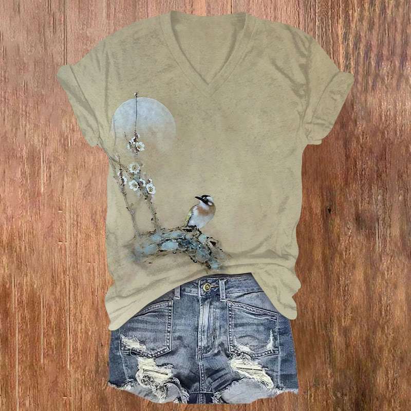Blurred Watercolor Bird & Floral Print Short Sleeved V-neck T-shirt - Green - US32-34(5XL) - image 1