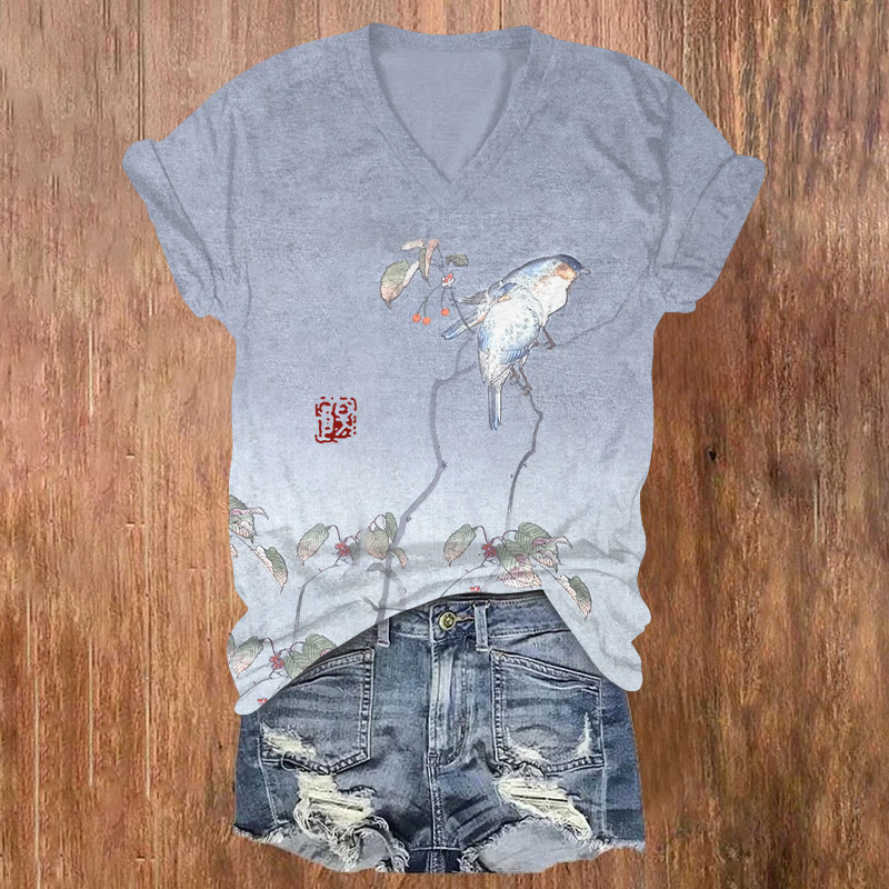 Japanese Vintage Lovely Bird Print Short Sleeved V-neck T-shirt - Light Purple - US32-34(5XL) - image 1