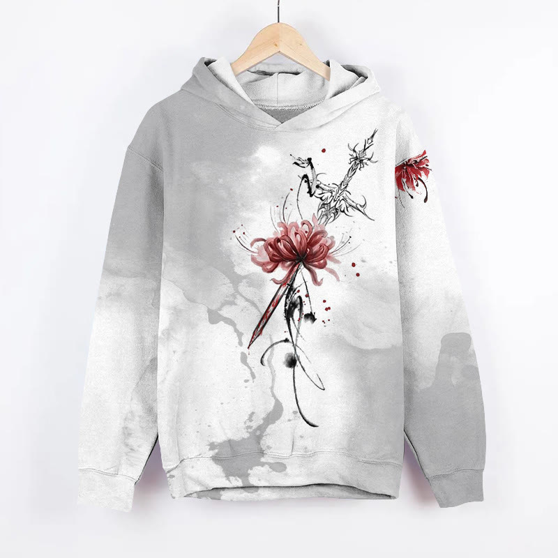Unisex Japanese Ink Painting Style Spider Lily Pattern Print Long Sleeved Hoodie - Light Gray - US44-46(8XL) - image 1