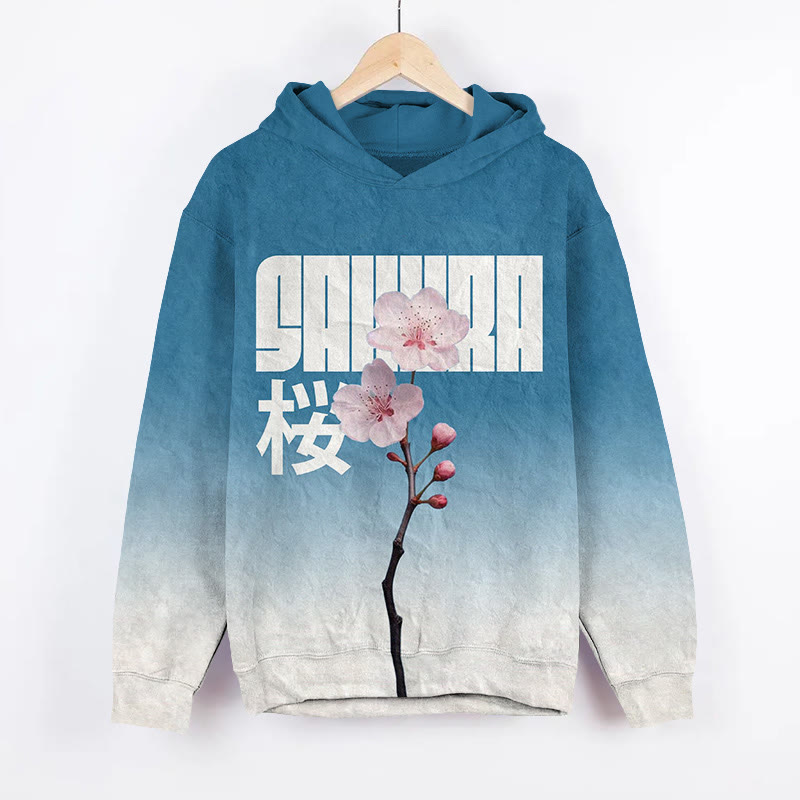 Unisex Japanese Gradient Sakura Cherry Blossom Pattern Print Long Sleeved Hoodie - Light Blue - US44-46(8XL) - image 1