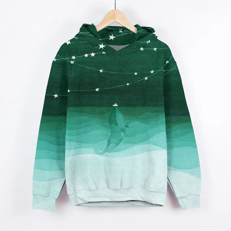 Ombre Lovely Whale Watching Star Lights  Art Print Long Sleeve Hoodie - Green - US44-46(8XL) - image 2