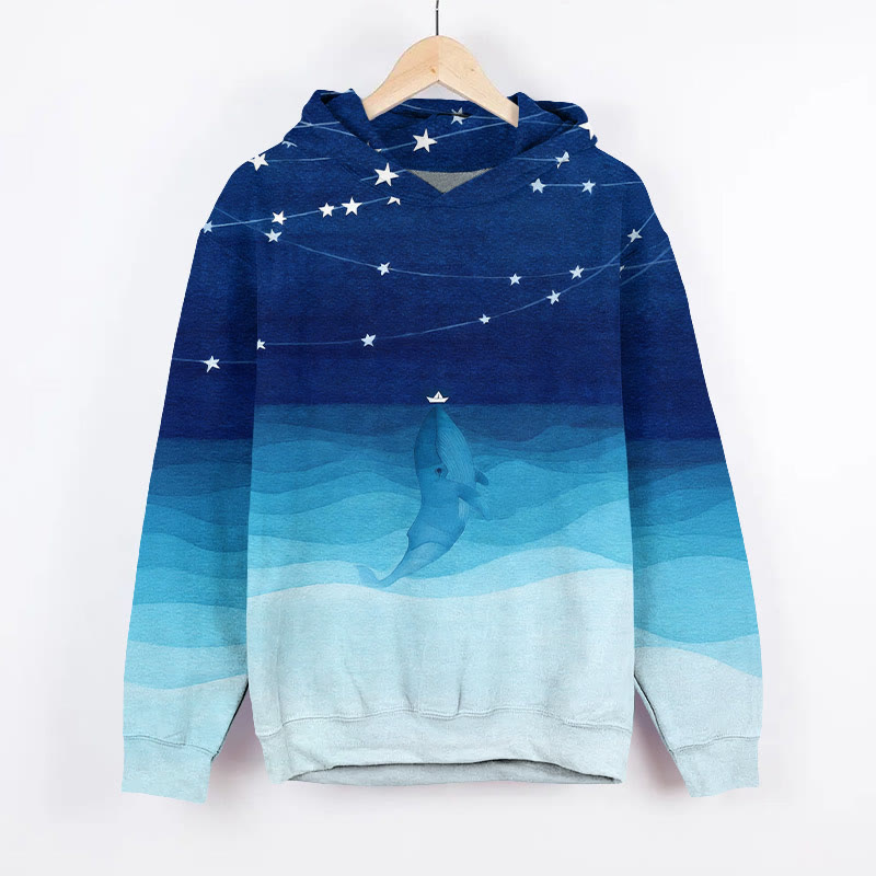 Ombre Lovely Whale Watching Star Lights  Art Print Long Sleeve Hoodie - Blue - US44-46(8XL) - image 1
