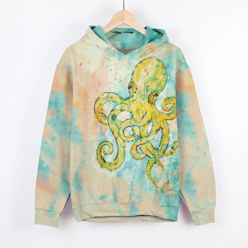 Tie-dye Funny Octopus Art Print Long Sleeve Hoodie - Orange - US44-46(8XL) - image 2