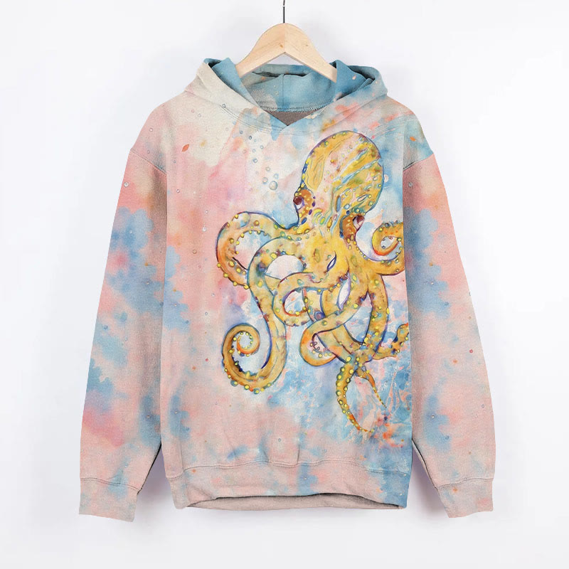 Tie-dye Funny Octopus Art Print Long Sleeve Hoodie - Pink - US44-46(8XL) - image 1