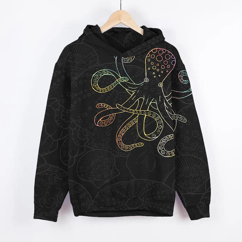 Creative Colorful Line Painting Octopus Art Print Long Sleeve Hoodie - Black - US44-46(8XL) - image 2