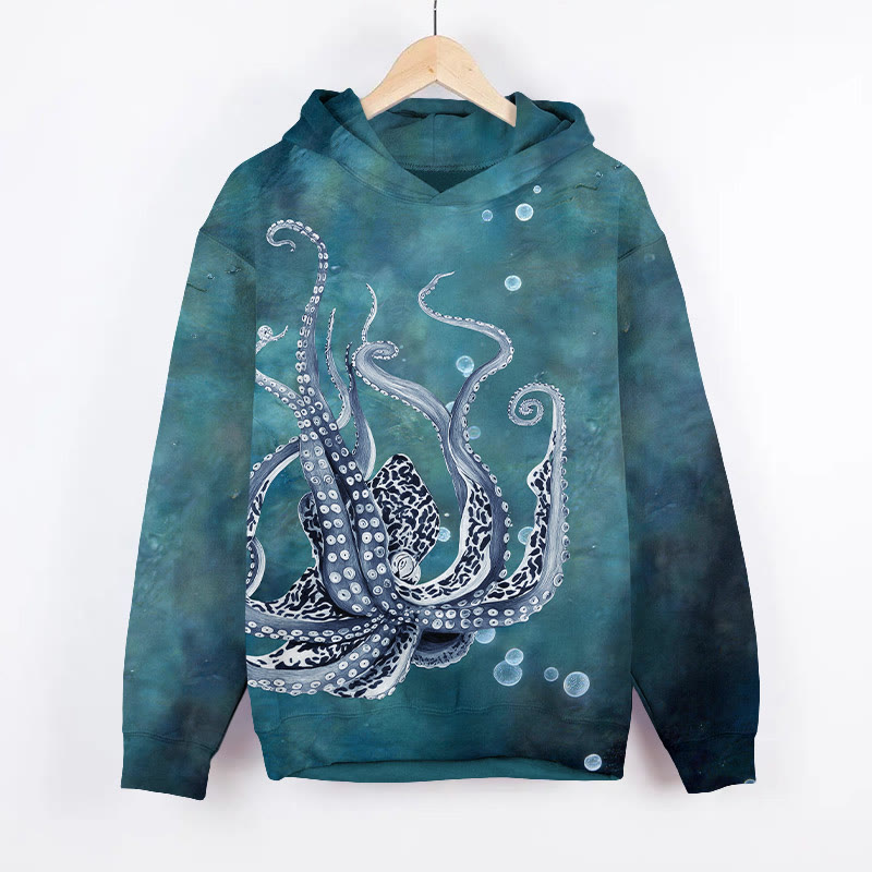 Funny Octopus Blowing Bubbles Art Print Long Sleeve Hoodie - Blue - US44-46(8XL) - image 1