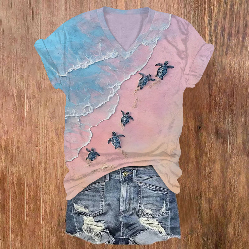 Beach Turtle Gradient Pattern Print Short Sleeved V-neck T-shirt - Light Pink - US32-34(5XL) - image 1