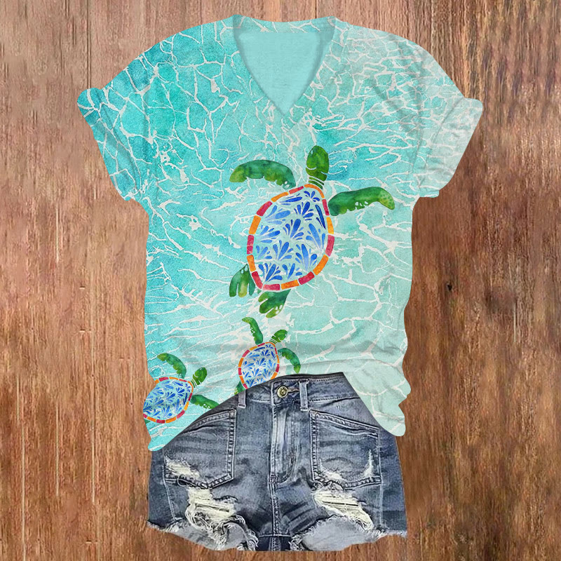 Ocean Sea Turtle Environmental Protection Pattern Print Short Sleeved V-neck T-shirt - Light Green - US32-34(5XL) - image 1