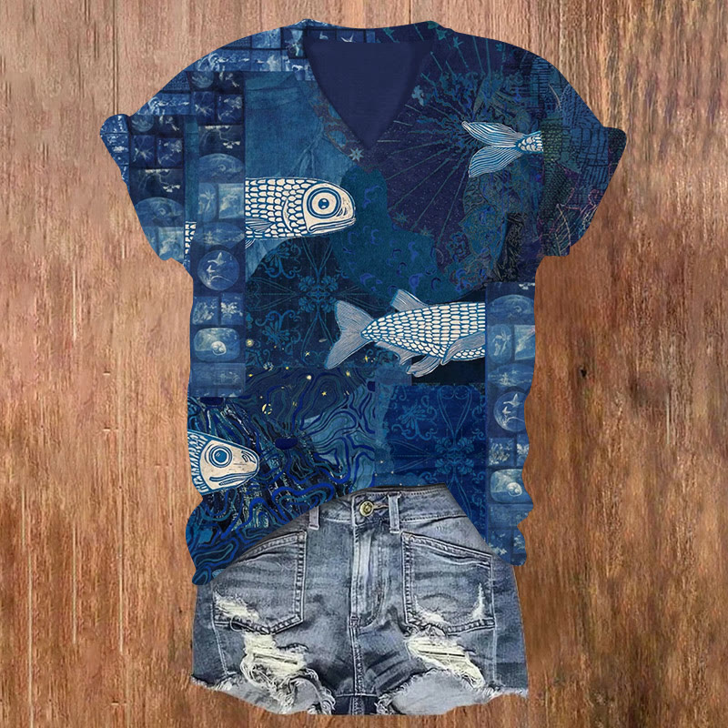 Japanese Fish Woodblock Print Art Patterns Print Short Sleeved V-neck T-shirt - Navy Blue - US32-34(5XL) - image 1