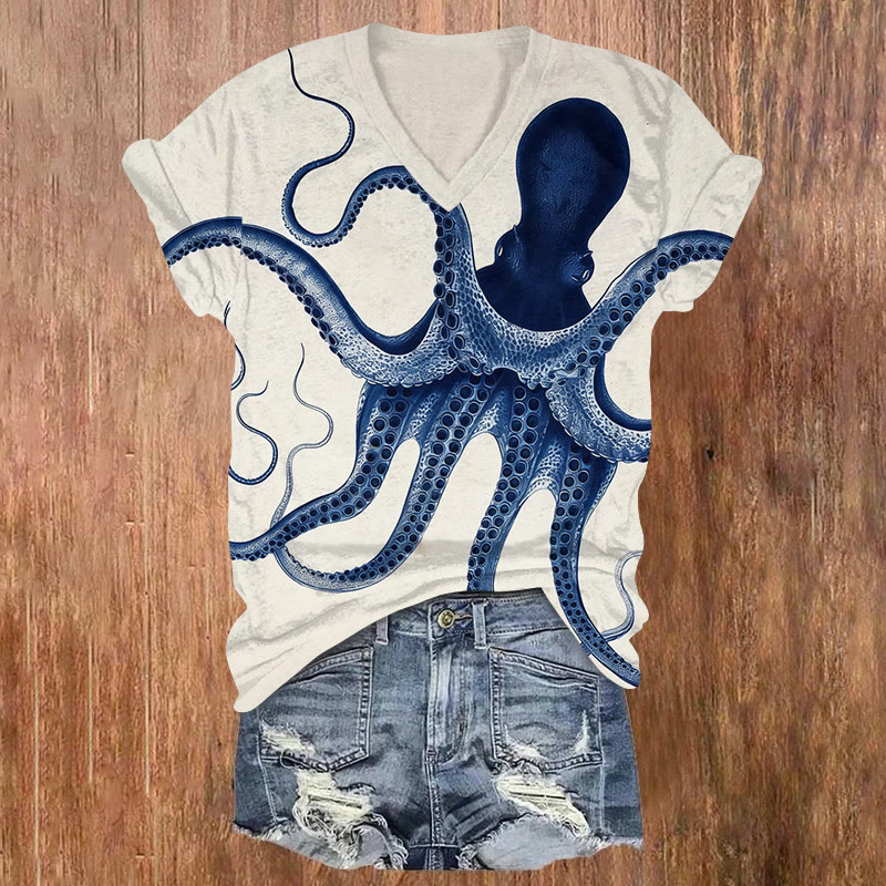 Japanese Deep Sea Octopus Art Pattern Print Short Sleeved V-neck T-shirt - Blue - US32-34(5XL) - image 3