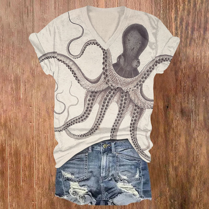 Japanese Deep Sea Octopus Art Pattern Print Short Sleeved V-neck T-shirt - Apricot - US32-34(5XL) - image 2