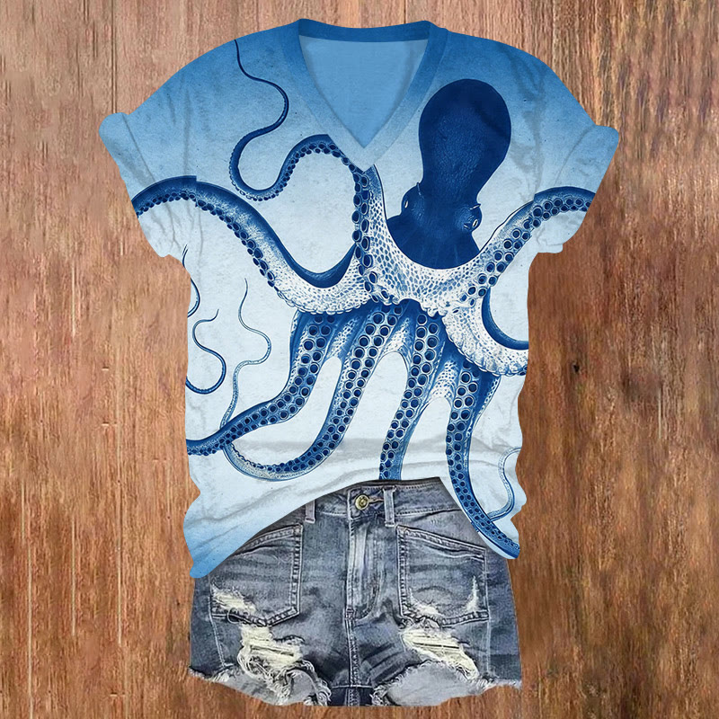 Japanese Deep Sea Octopus Art Pattern Print Short Sleeved V-neck T-shirt - Dark Blue - US32-34(5XL) - image 1