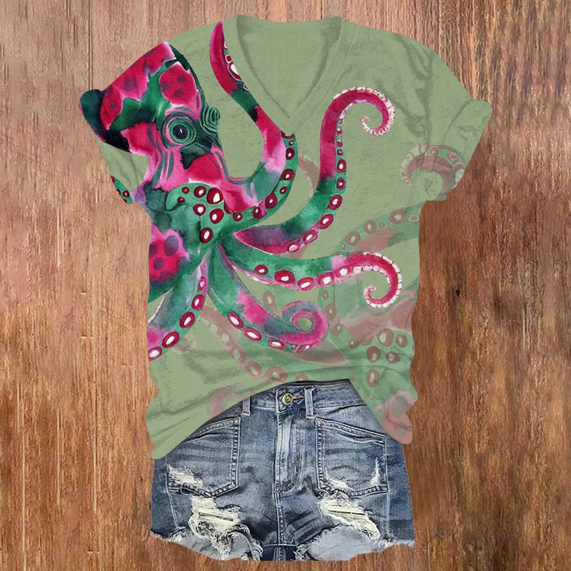 Watercolor Art Octopus Pattern Print Short Sleeved V-neck T-shirt - Light Green - US32-34(5XL) - image 2