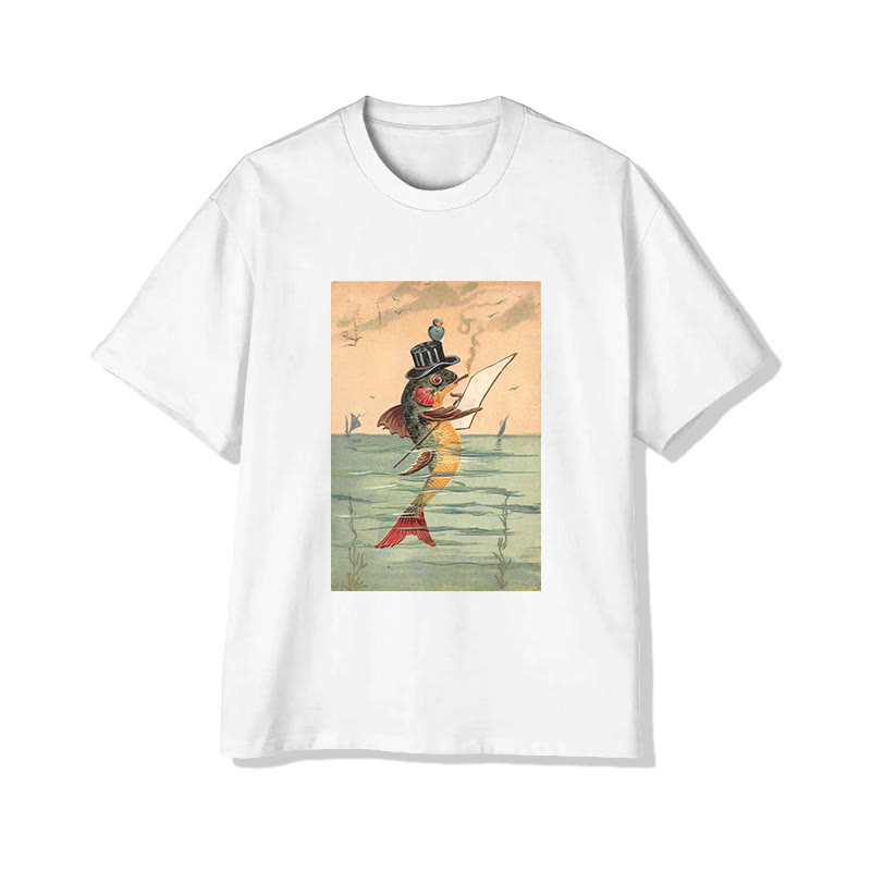 Unisex Vintage Surreal Fish Art Graphic Print Short Sleeved Crew Neck T-shirt - White - 2XL - image 1