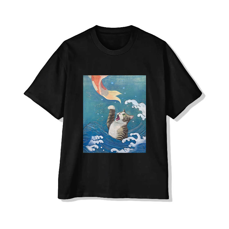 Unisex Vintage Wave Cat Print Short Sleeved Crew Neck T-shirt - Black - 2XL - image 2