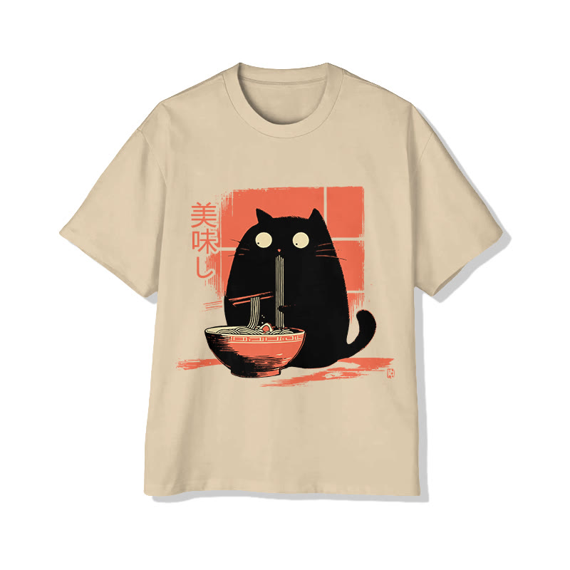 Unisex Black Cat Eating Ramen Print Short Sleeved Crew Neck T-shirt - Apricot - 2XL - image 2