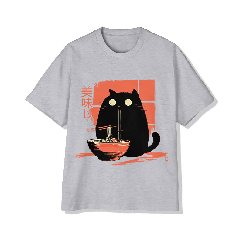 Unisex Black Cat Eating Ramen Print Short Sleeved Crew Neck T-shirt - Grey - 2XL - image 1