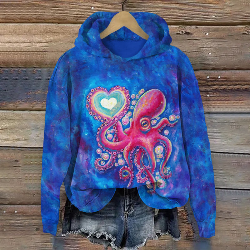 Unisex Ocean Octopus Heart Pattern Art Print Long Sleeved Hoodie - Dark Blue - US44-46(8XL) - image 1